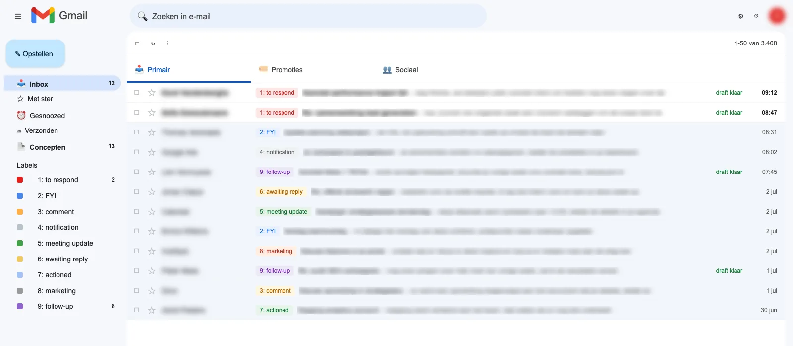 A real Gmail inbox after triage: every mail labeled into numbered categories, drafts ready, senders and subjects blurred